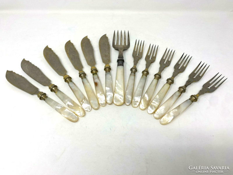 Antique art nouveau mother-of-pearl handle fish cutlery set with serving fork 13pcs cz