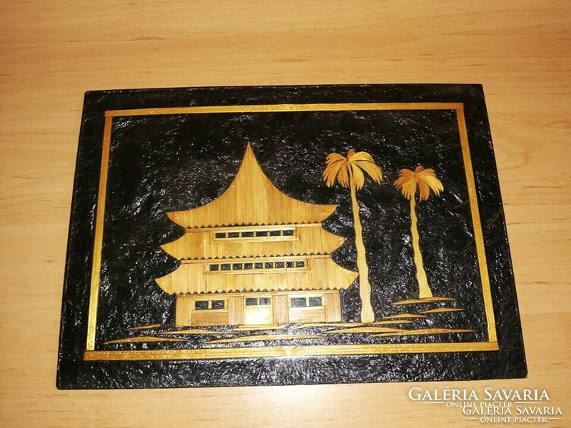 Bamboo mural with Chinese pagoda with palm trees 23 * 32.5 cm (n)