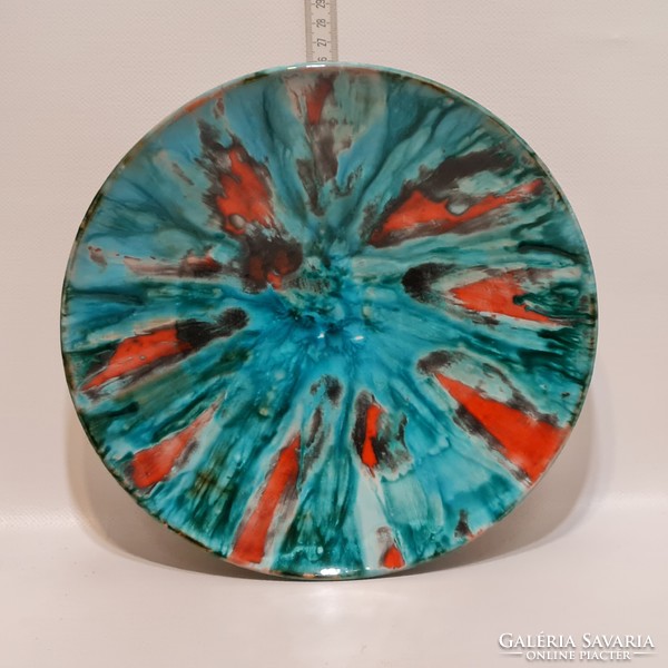 Marked, red, turquoise blue floral, green glazed, applied art ceramic wall plate (2726)