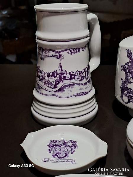 Retro Alföldi porcelán lila Hódmezővásárhely dekorral váza hamuzó korsó bonbonier