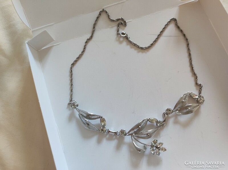 Israeli vintage silver necklace-necklace with blue lacy pattern and white zirconia stones