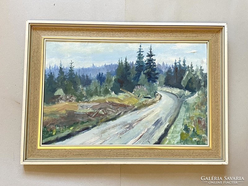 Winding road in the meadow marked oil wood fiber landscape painting in original frame