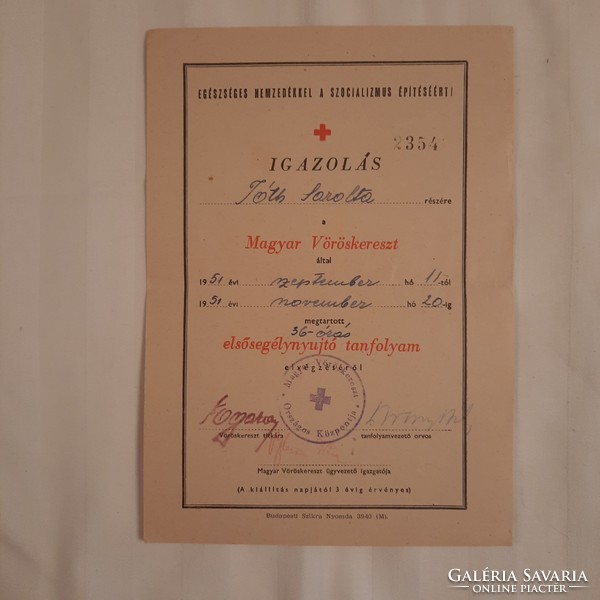 Certificate of completion of the first aid course of the Hungarian Red Cross in 1951
