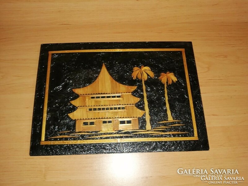 Bambusz falikép kínai pagoda pálmafákkal 23*32,5 cm (n)