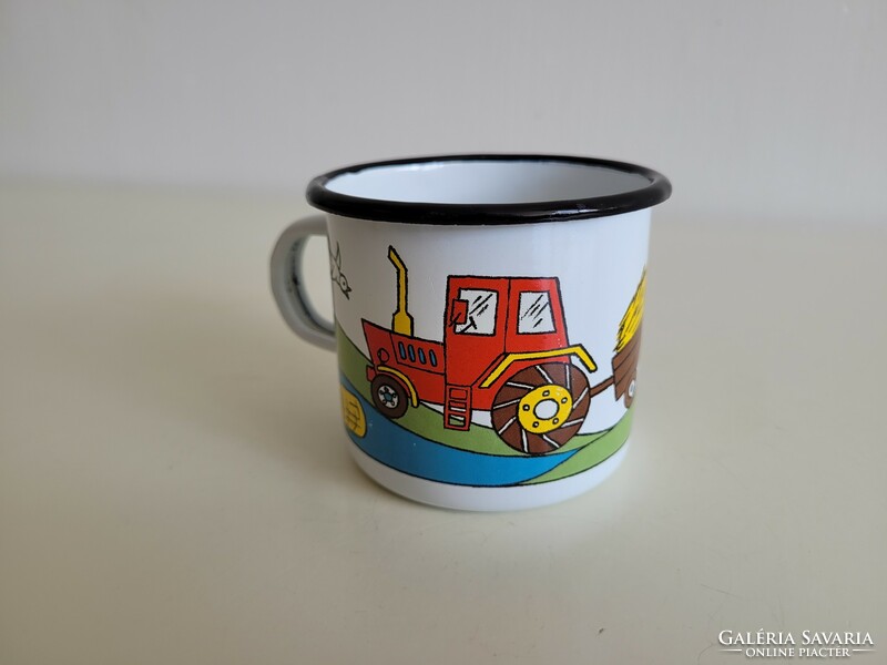 Enamel tractor trailer pattern enameled small children's mug