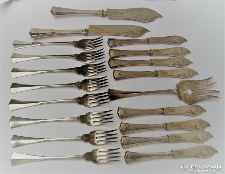 Antique silver, 8-person fish cutlery set, Pest 1910s