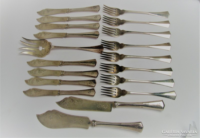 Antique silver, 8-person fish cutlery set, Pest 1910s