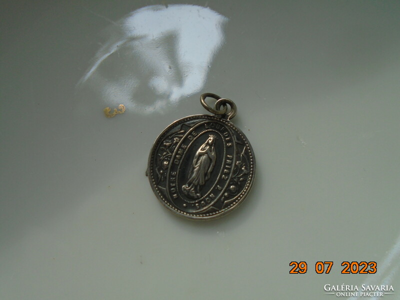 Silver patina religious pendant of the Virgin of Lourdes and the Sacred Heart of Jesus