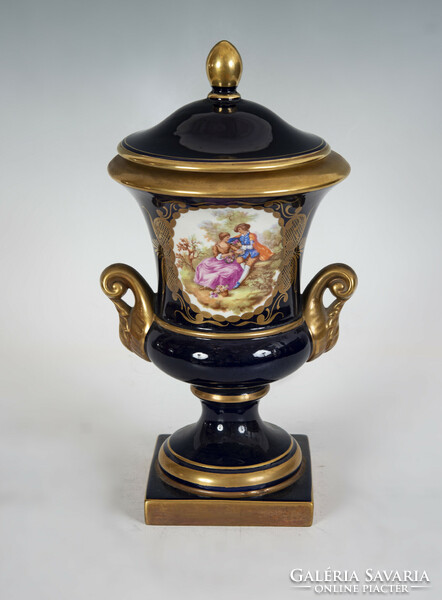 Sevres porcelain vase with lid - cobalt blue, with a bucolic scene