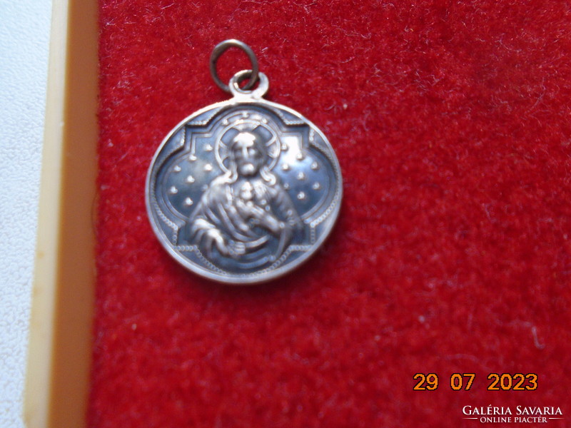 Silver patina religious pendant of the Virgin of Lourdes and the Sacred Heart of Jesus