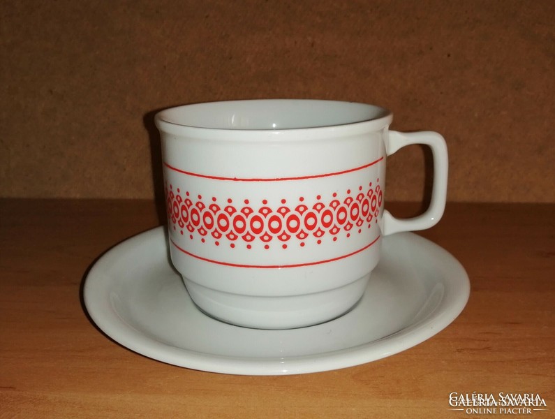 Zsolnay porcelán piros mintás retro menzás bögre alátéttel (3/d-1)