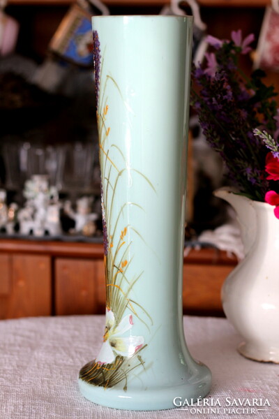 Kalcedon üveg, tejüveg antik belga váza, csodás kézi festéssel