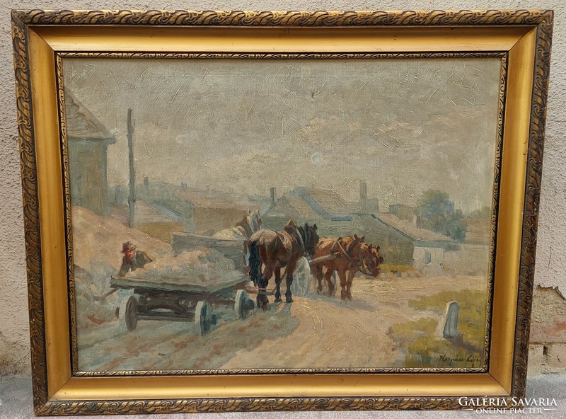 Oil-on-canvas painting by Lajos Korpács, picture of village life