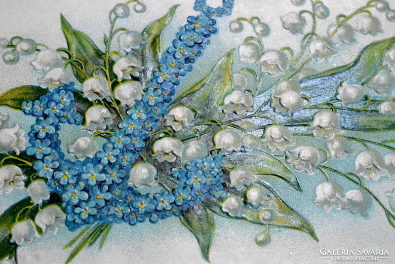 Antik dombornyomott  litho üdvözlő képeslap gyöngyvirág horgony nefelejcsből