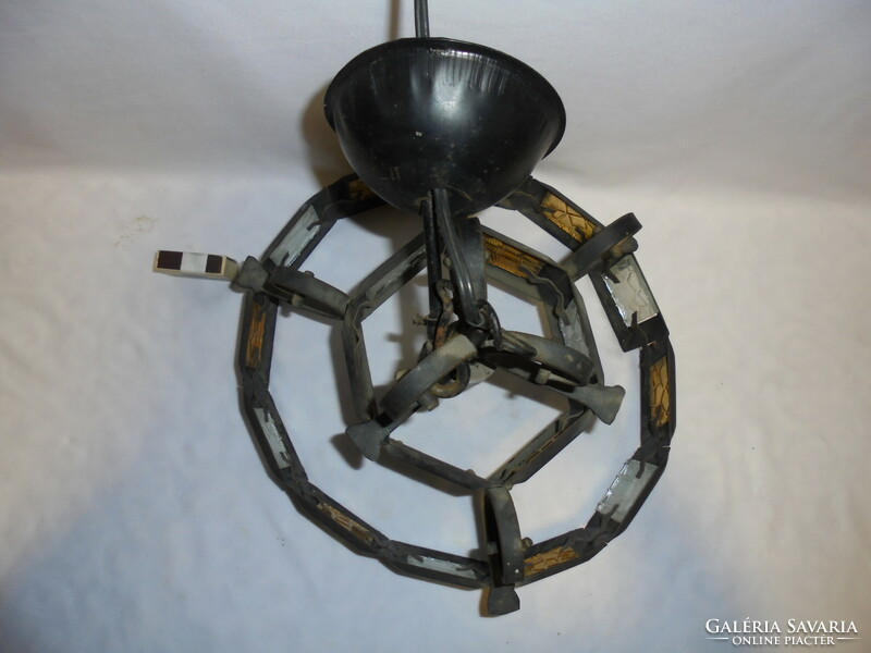Art deco wrought iron chandelier, ceiling lamp with colored glass plates