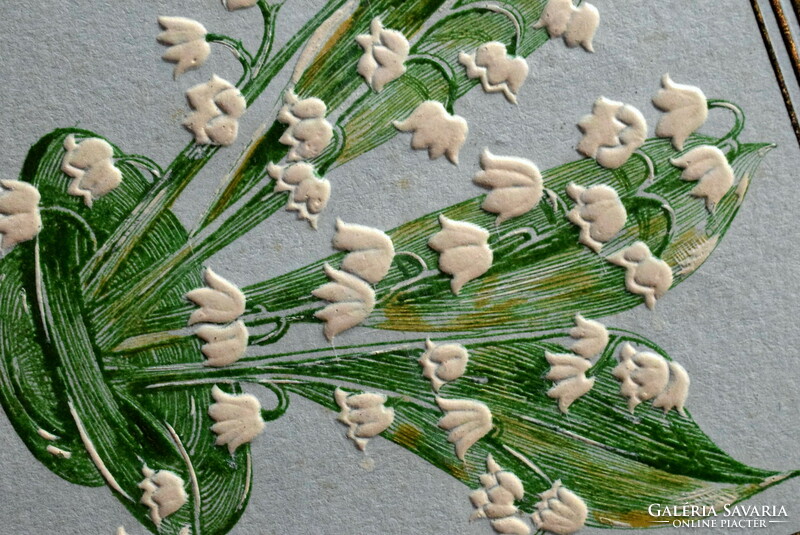 Antik dombornyomott  litho üdvözlő képeslap gyöngyvirág