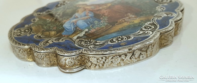 Silver (800) art nouveau powder, powder holder, powder compact, decorated with an enamel picture