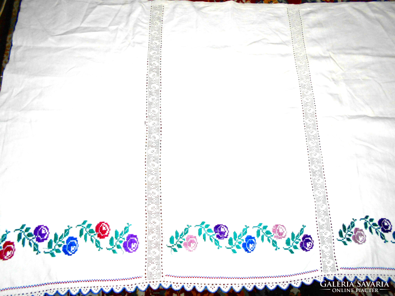 Antique linen dresser tablecloth with hand-crocheted lace divider 140 cm x 95 cm