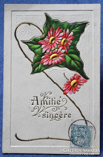 Antik szecessziós dombornyomott  litho üdvözlő képeslap stilizált virággal
