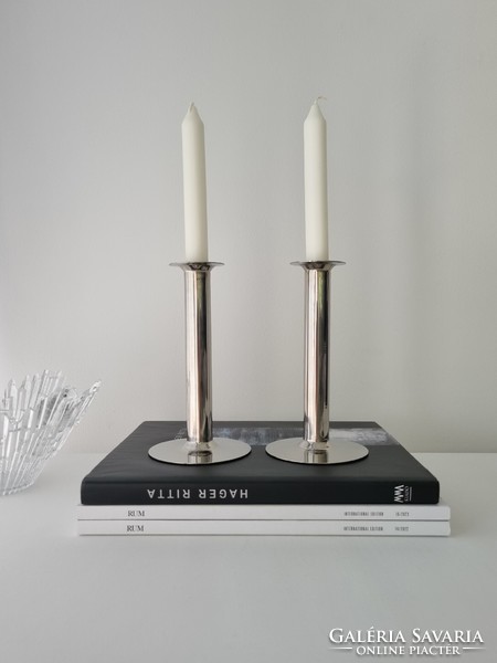Old bauhaus style wmf ? Pair of chromed metal candle holders