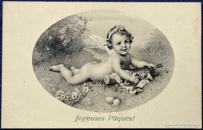 Antik MM Vienne Munk grafikus Húsvéti üdvözlő képeslap puttó nyíllal  tojás