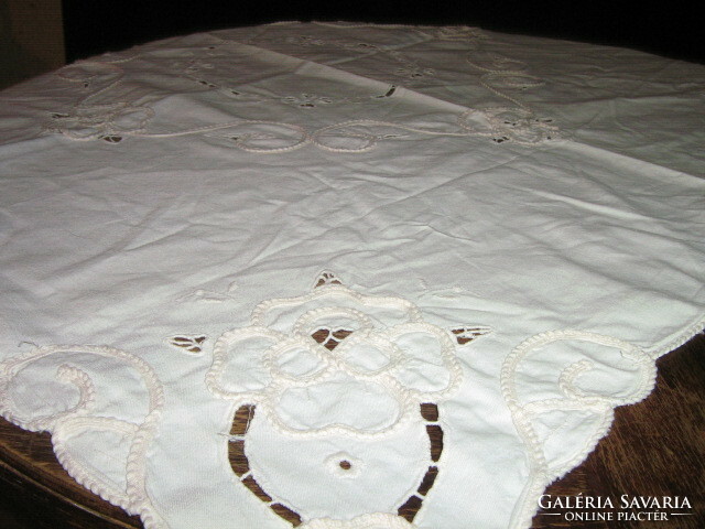 Beautiful vintage rose ribbon embroidered tablecloth