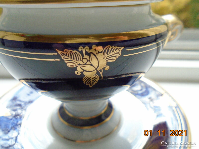 Empire cobalt gold hand-painted footed sauce bowl with snake head tongs, porcelain dipping spoon
