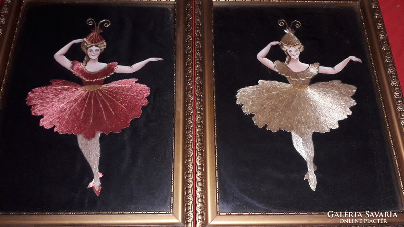 Antik GYÖNYÖRŰ festett hímzett selyemkép Balerina pár 2db kép egyben 30 x 22 cm a képek szerint