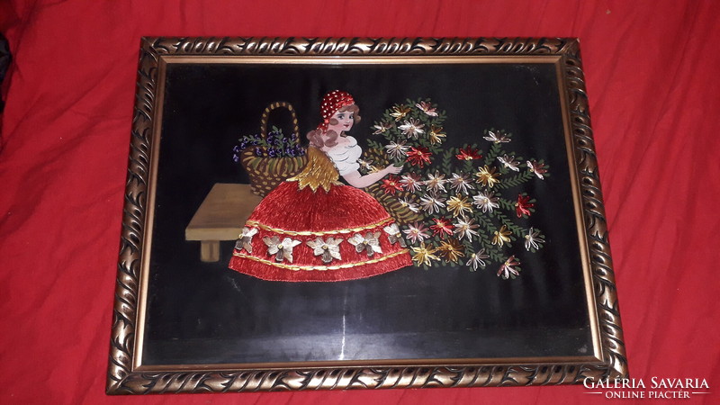 Antique beautiful painted embroidered silk picture of a girl with flowers 43 x 32 cm according to the pictures