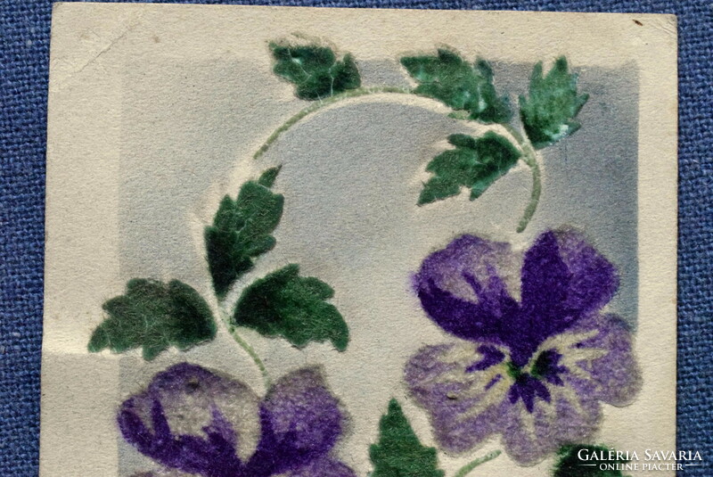 Antique decoupage greeting card with velvet flower pansy 1923