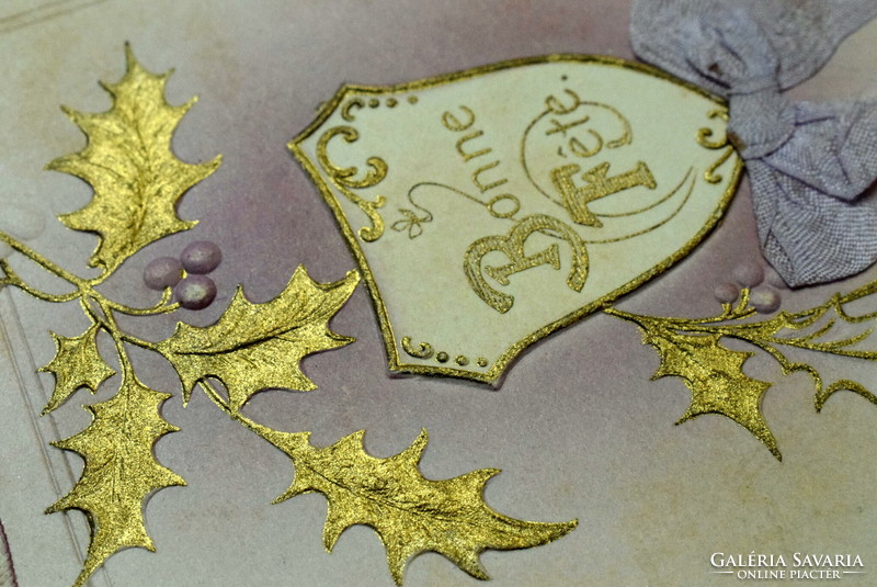 Antik dombornyomott  litho üdvözlő képeslap valódi selyemszalag arany magyal levél