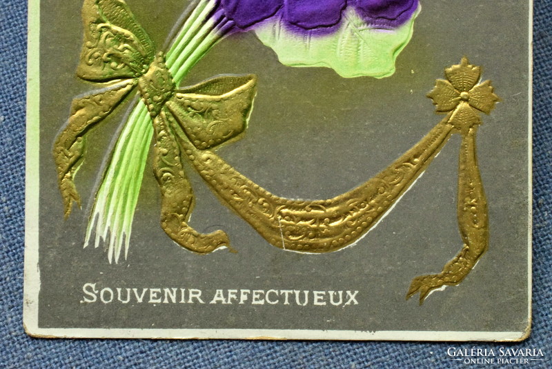 Antique embossed litho greeting card with stylized violet gold ribbon