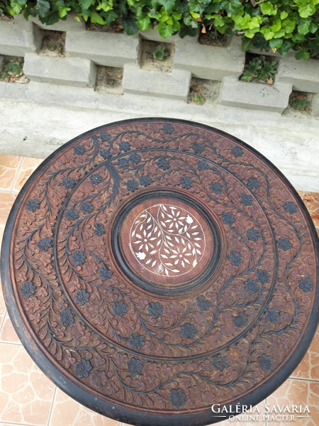 Bone inlay, carved oriental table with leaf and flower pattern