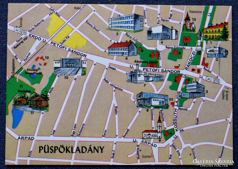 Püspökladány térkép képeslap -Tanácsháza, Alföldi Áruház, Pártház,templom...- Carthographia Bp 1977
