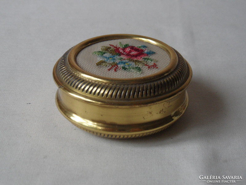 Copper round box with a lid, holder with tapestry embroidery