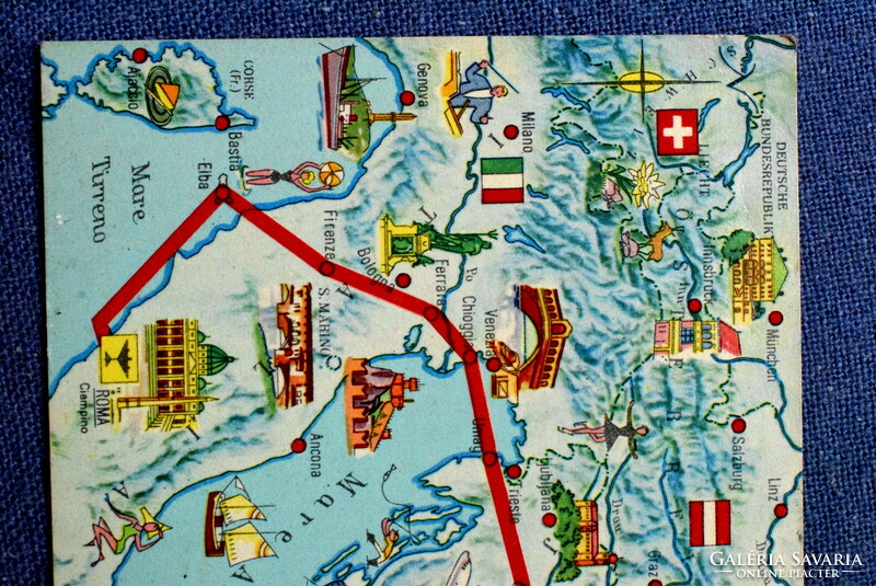 MALÉV Budapest-Roma  - térkép képeslap - Carthográfia Bp 1982