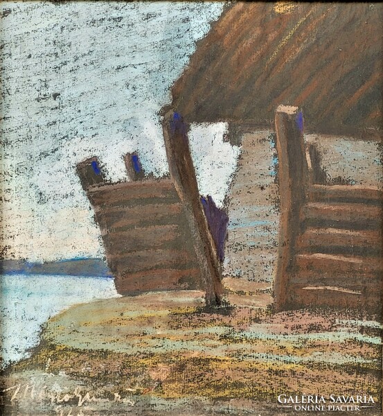 Worker Béla Mészöly (1889 - 1944) waterfront landscape 1925 c. Pastel picture with original guarantee!