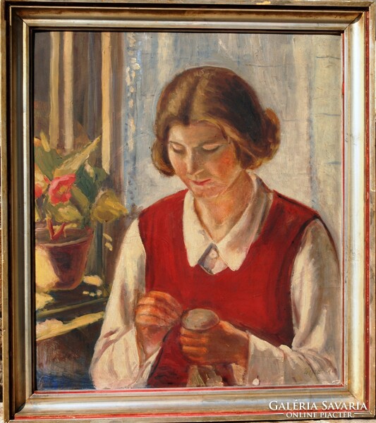 Hajdu, 1930: young woman hitchhiking clothes - art deco oil painting, original frame