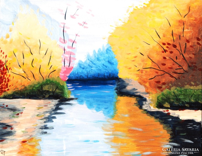 R.T.: The colors of the river - oil on canvas painting, in a modern wooden frame