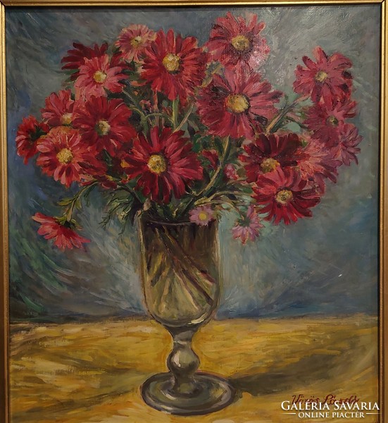 Red laszló, oil-on-wood floral still life painting