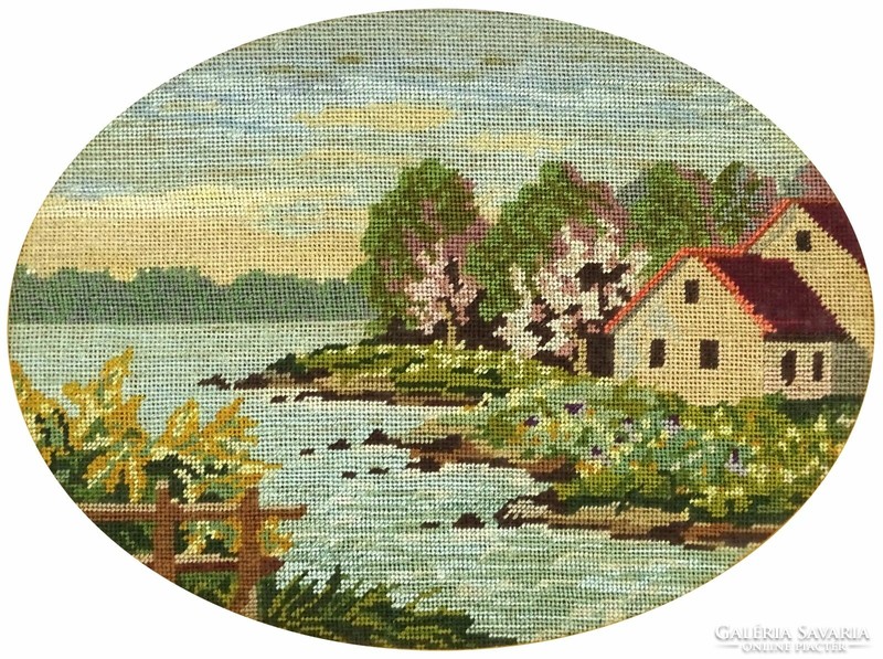 1N879 old needle tapestry : waterfront house