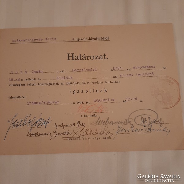 Decision issued by the verification committee of Székesfehérvár on Aug. 13, 1945 (incorrect)
