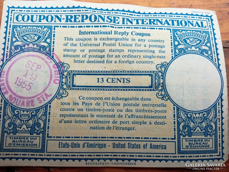 Postai nemzetközi válaszkupon bárca 1955 kiindulási pont Clevland
