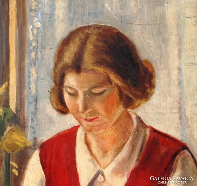 Hajdu, 1930: Ruhát stoppoló fiatal nő - art deco olajfestmény, eredeti keretében