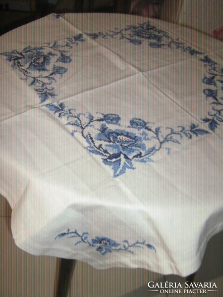Beautiful richly embroidered cross-stitch blue flower pattern tablecloth
