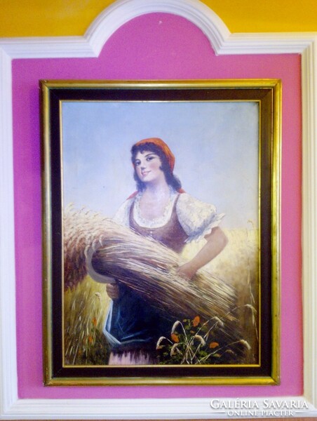 Biedermeier-style oil-on-canvas painting of a hand-picking girl, framed