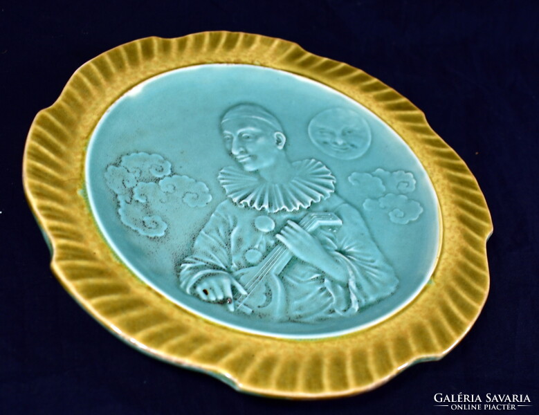 Harlequin with mandolin ... Antique French majolica decorative plate from the 19th century. From the second half of S!