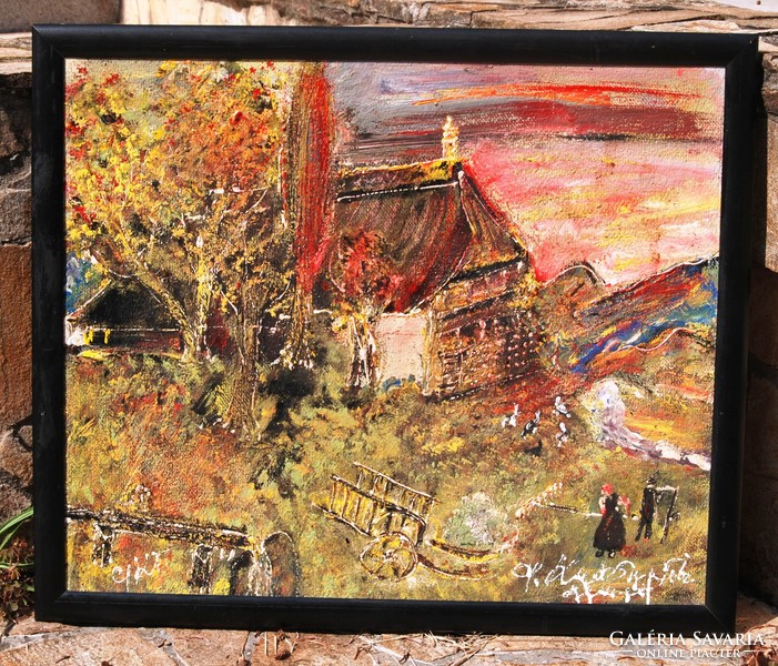 European naive painter: field work around the house - oil painting, framed