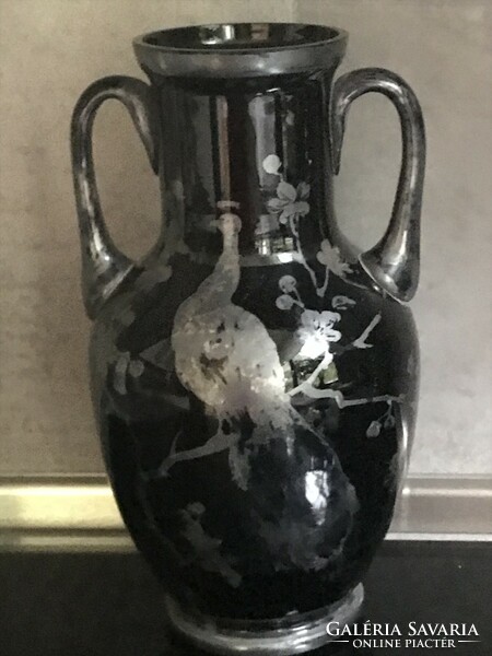 Antique black glass vase with silver painted Art Nouveau pattern, 25.5 cm high