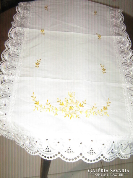 Beautiful yellow floral white Madeira table runner with lace edge